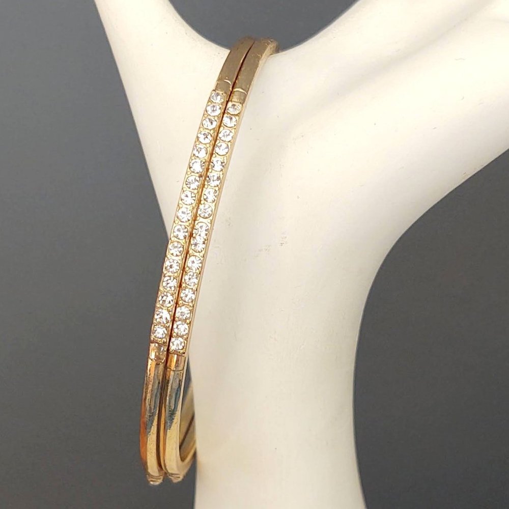 Set of 2 thin gold bangles with faux diamond accents